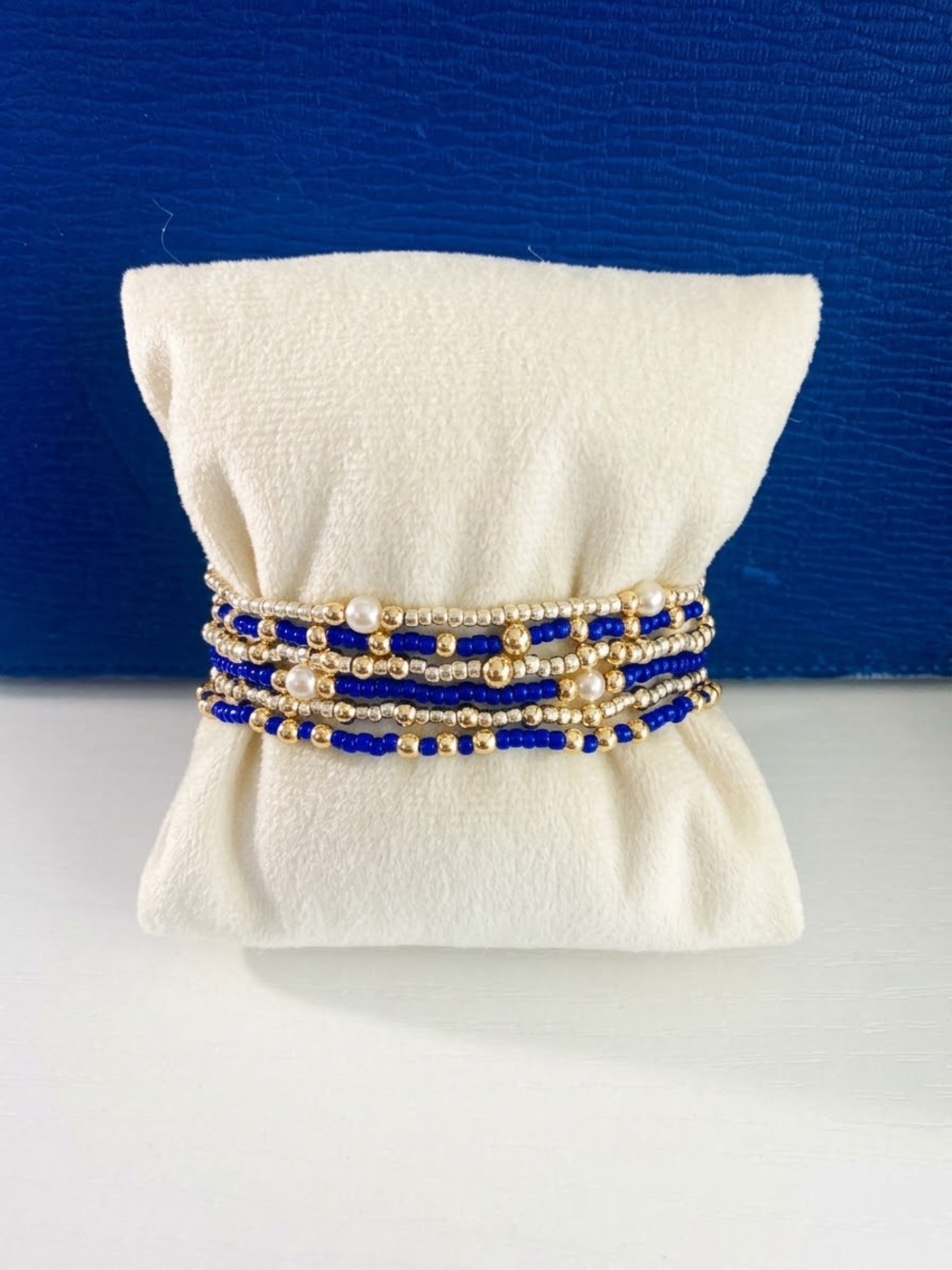 Gold Blue Silver Pearl Beaded Stack 6 Bracelets. ENewton style.